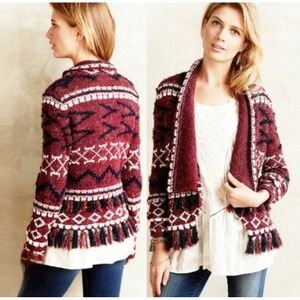 Moth Cardigan Womens Lg Burgundy Southwestern Tassel Fringe Open Front Sweater